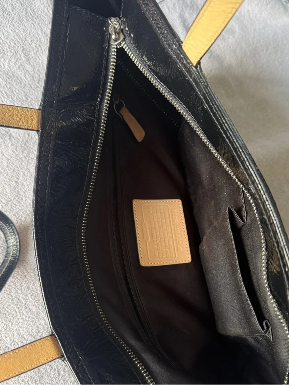 Coach Brown Signature Canvas Tote with Black Patent Trim